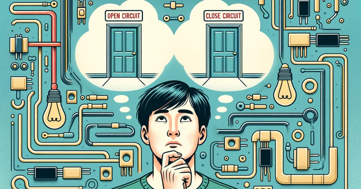 An illustration of a man contemplating an open circuit while holding a light bulb.