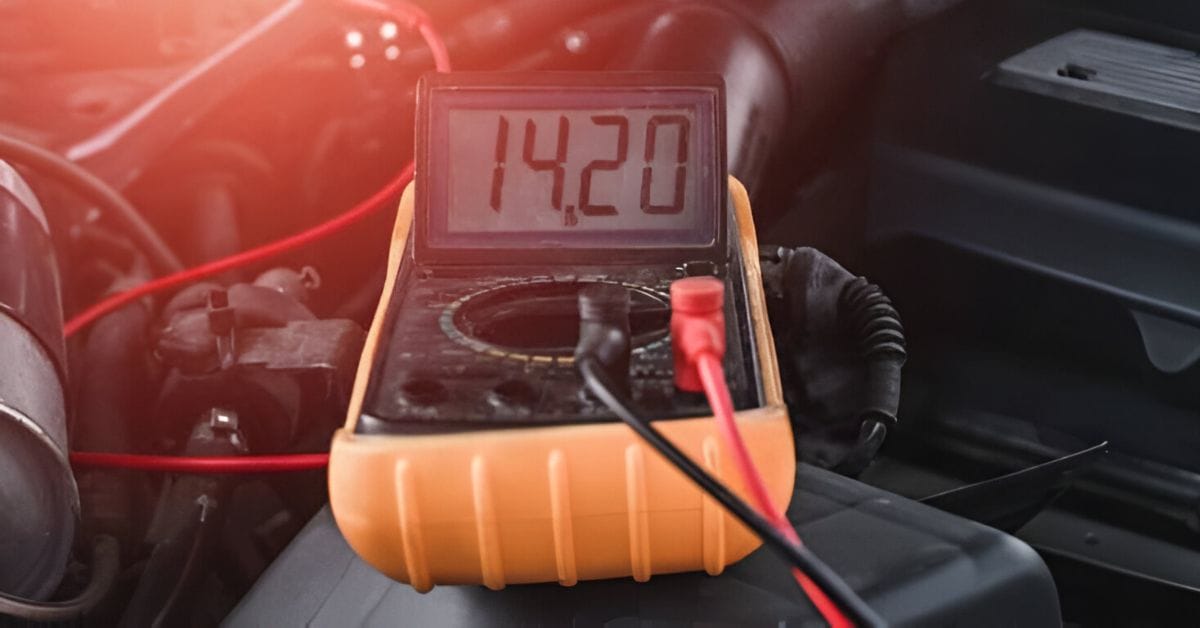A multimeter at the top of an open car hood engine