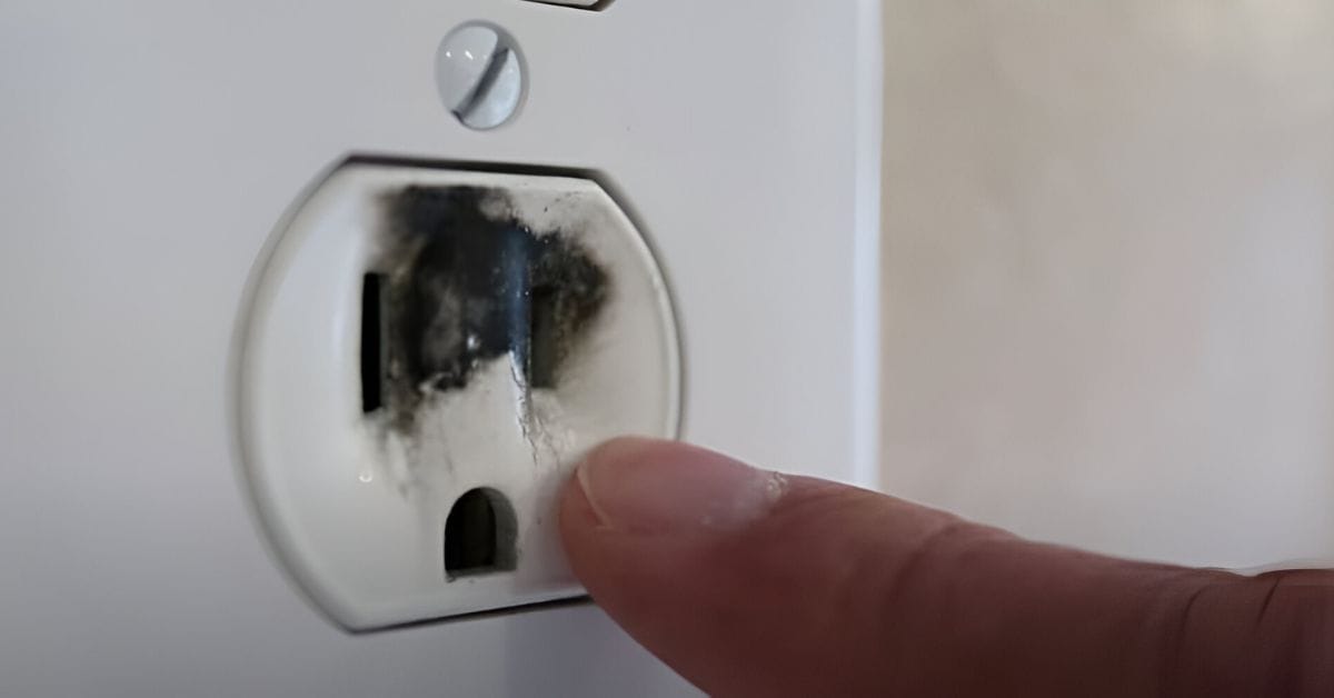 A person is pointing at a burnt prong of a wall outlet