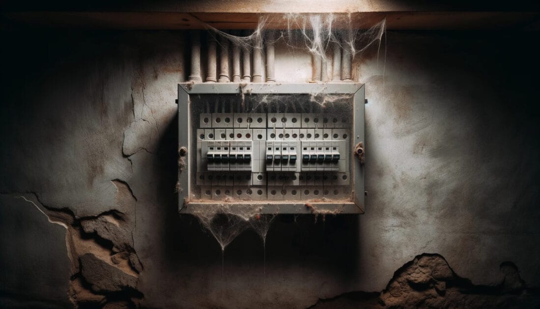 An old electrical box with spider webs hanging from it, providing insight on how to find the circuit breaker for a dead outlet.