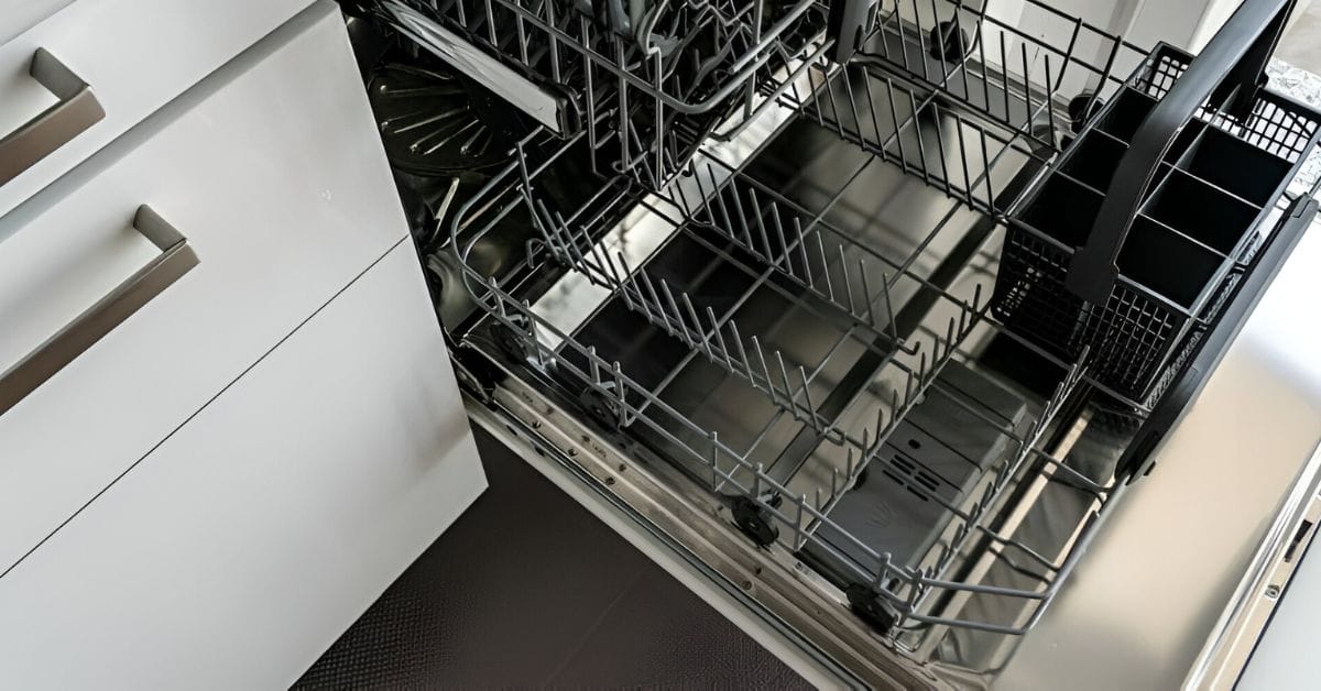 An opened and empty dishwasher