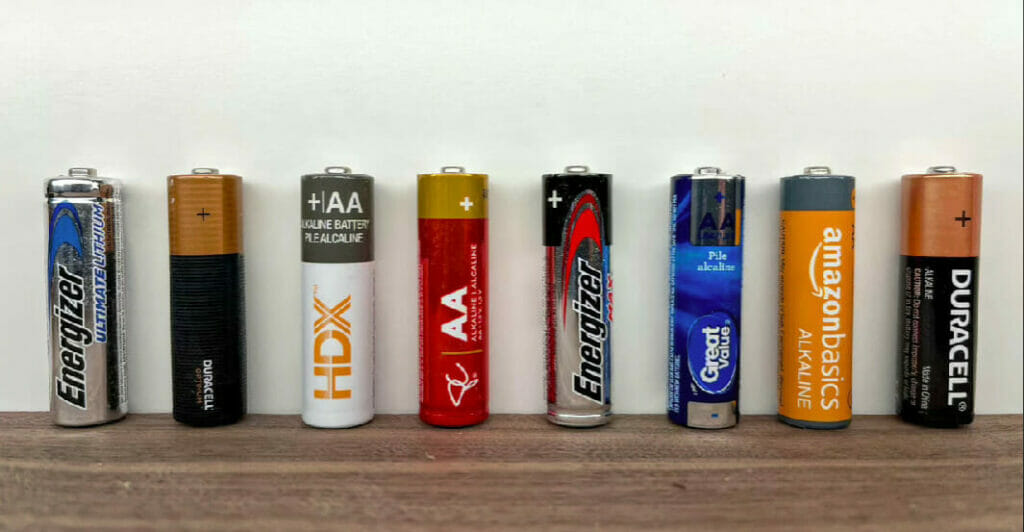 a display of different brands of aa batteries