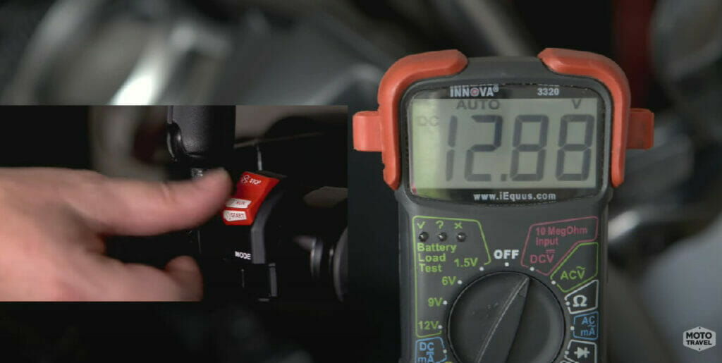 a motorcycle battery checked with multimeter at 12.88a on record
