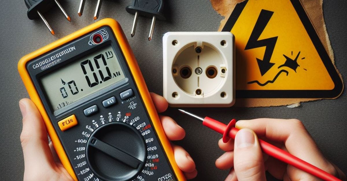 A person holding a multimeter to test an outlet
