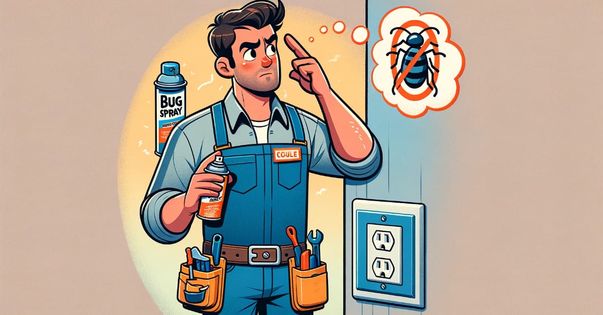 A cartoon illustration of a plumber considering if they can spray bug spray in an outlet while looking at a bug.