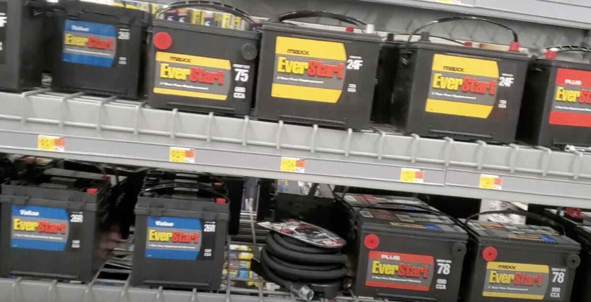 everstart batteries piled up on the rack