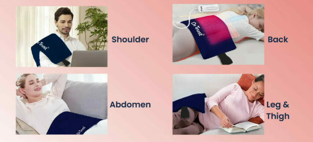images of a man and women using hot pad on their shoulder, back, abdomen, leg and thigh
