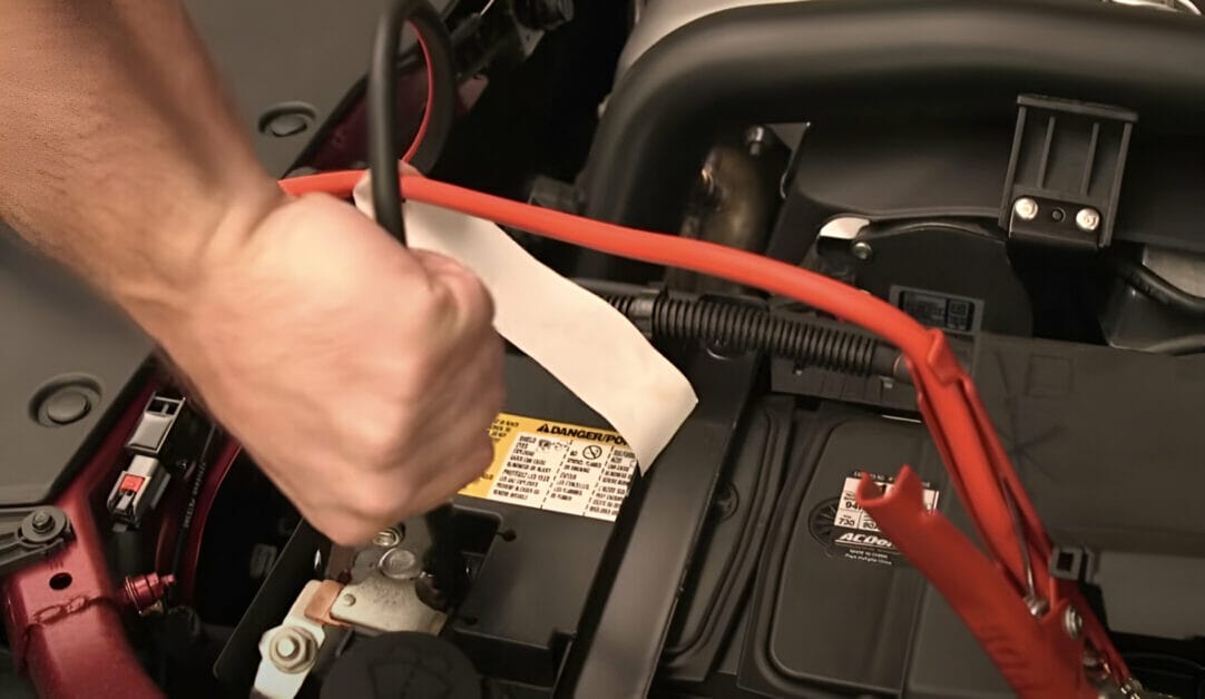 A person is working on the battery of a car