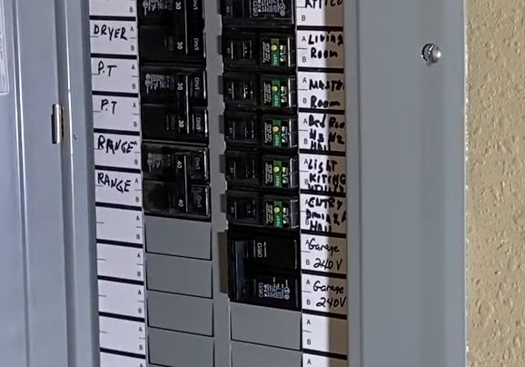 labeled circuit breakers on a main panel box