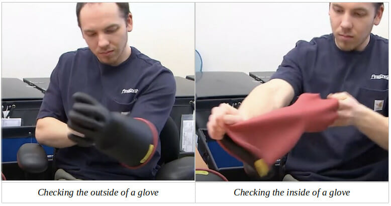 man doing a general visual inspection on insulating gloves