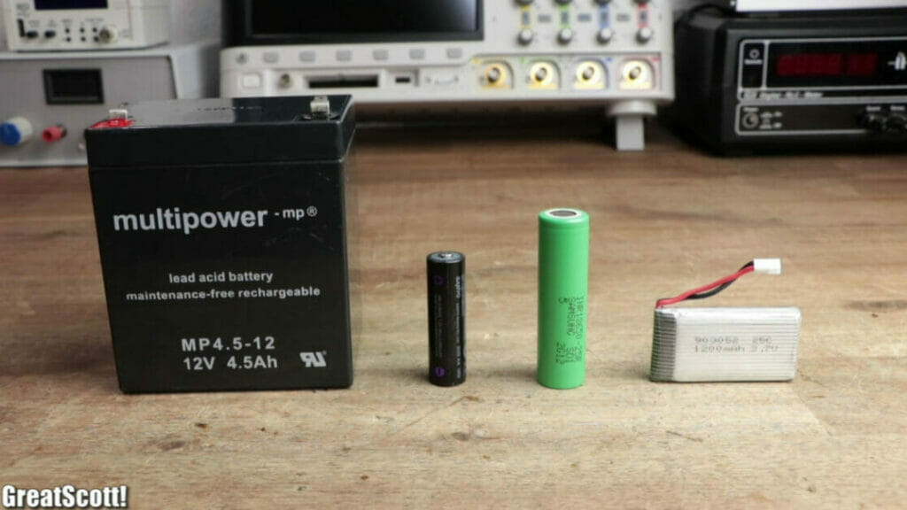 multipower lead acid battery and other batteries displayed on the wooden table
