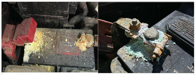 battery leaking from the terminal (left) and corrosion on a battery’s terminal (right)