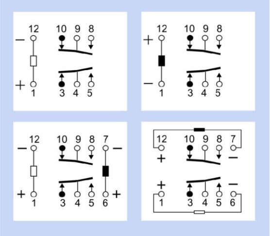 four simple (DPDT) relay pinout configurations