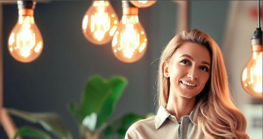 woman smiling looking at a hanging warm bulb light