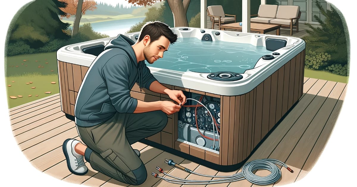 A man wiring a hot tub on a deck.
