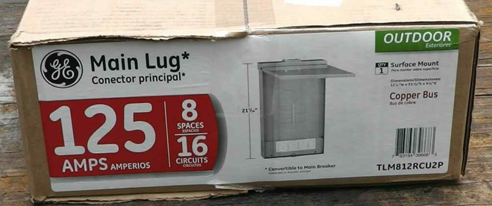 A box of a ge main lug 125 amp box on a table