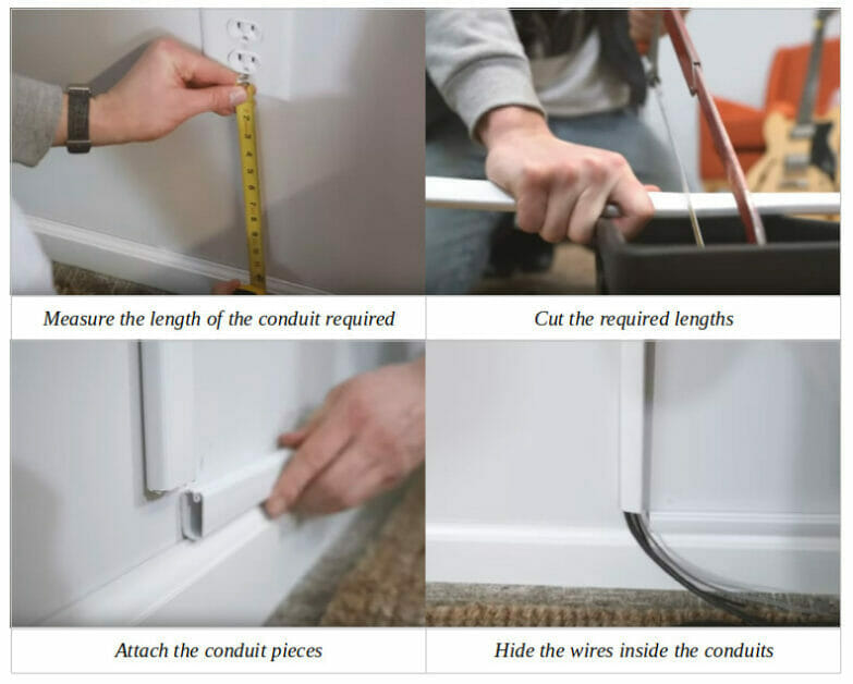 A series of photos illustrating how to install a wall outlet while hiding wires on a brick wall