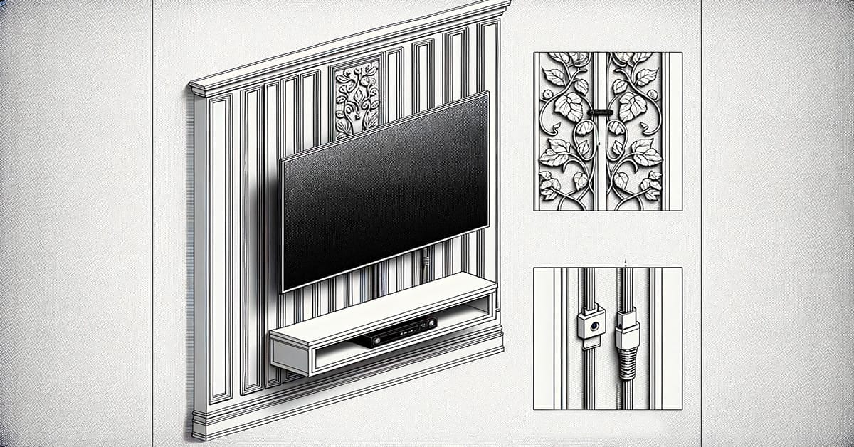 A drawing of a wall with a discreetly mounted TV, seamlessly concealing wires without any damage to the wall.