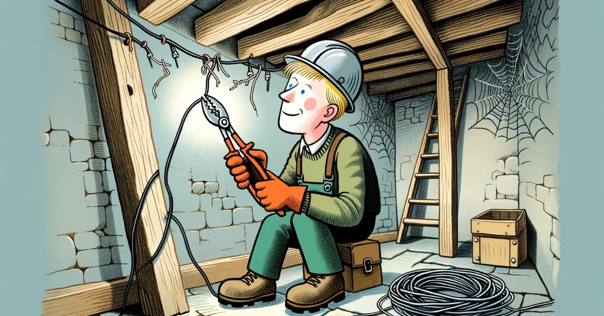 A cartoon illustration of an electrician working in an old house, demonstrating how to cut wire shelving.