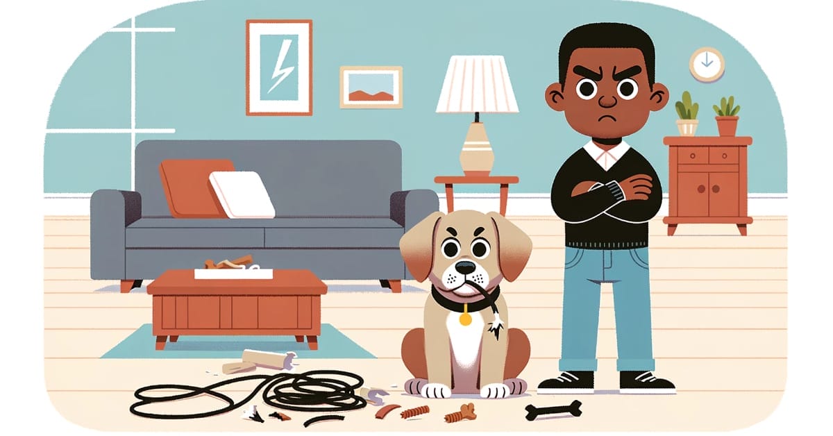 A man with a dog standing in front of a living room, seemingly brainstorming on how to fix a chewed wire.
