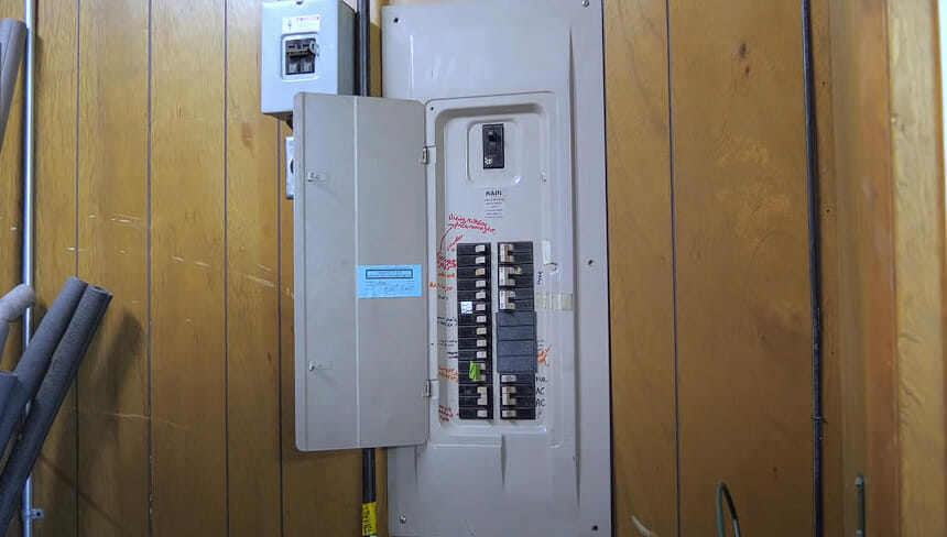 A wooden wall with main switch panel