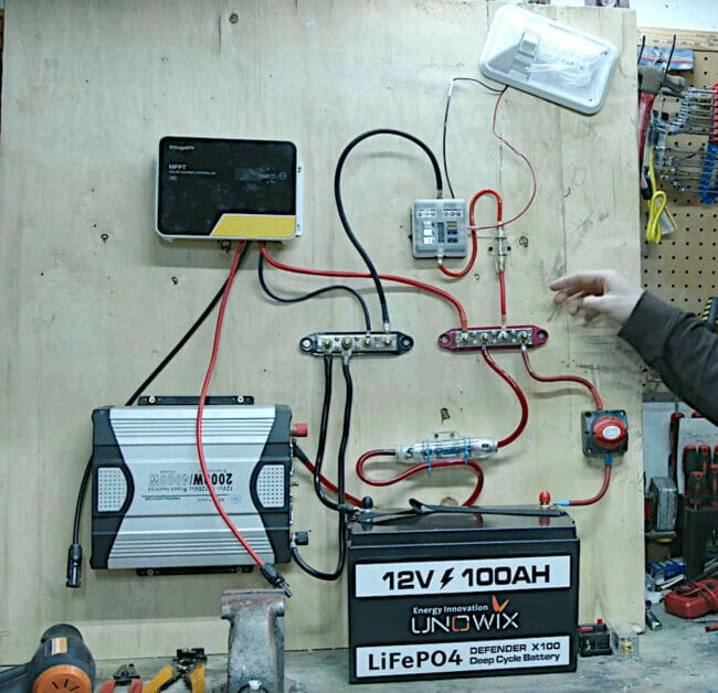 A wiring setup shown demonstrating battery and inverter connection