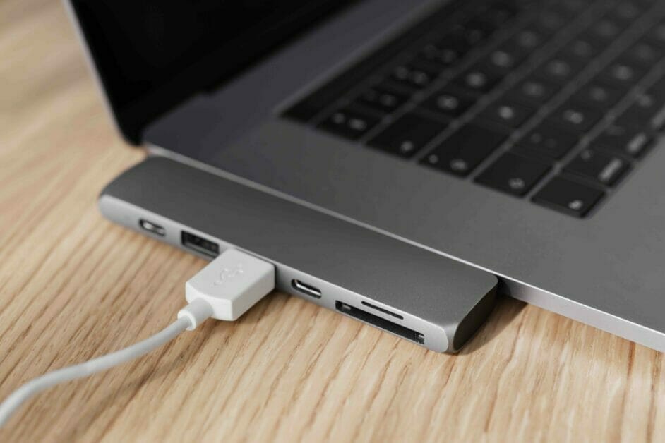 laptop connected to a USB adapter