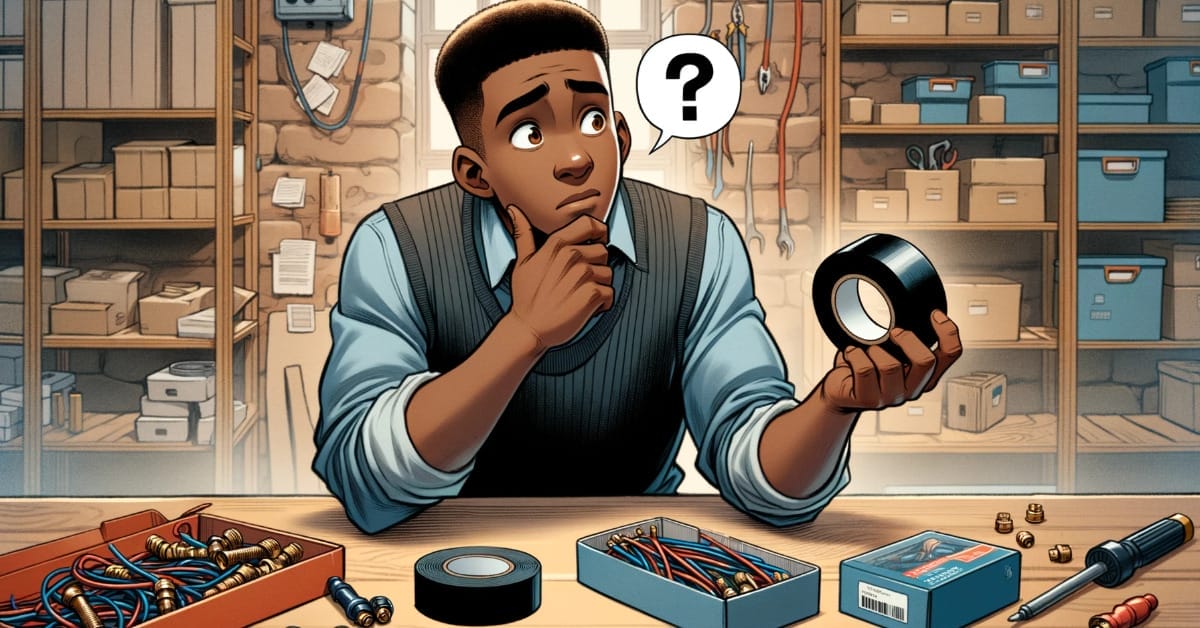 A black man sitting at a table with a question mark on his head contemplating the use of electrical tape or wire caps.