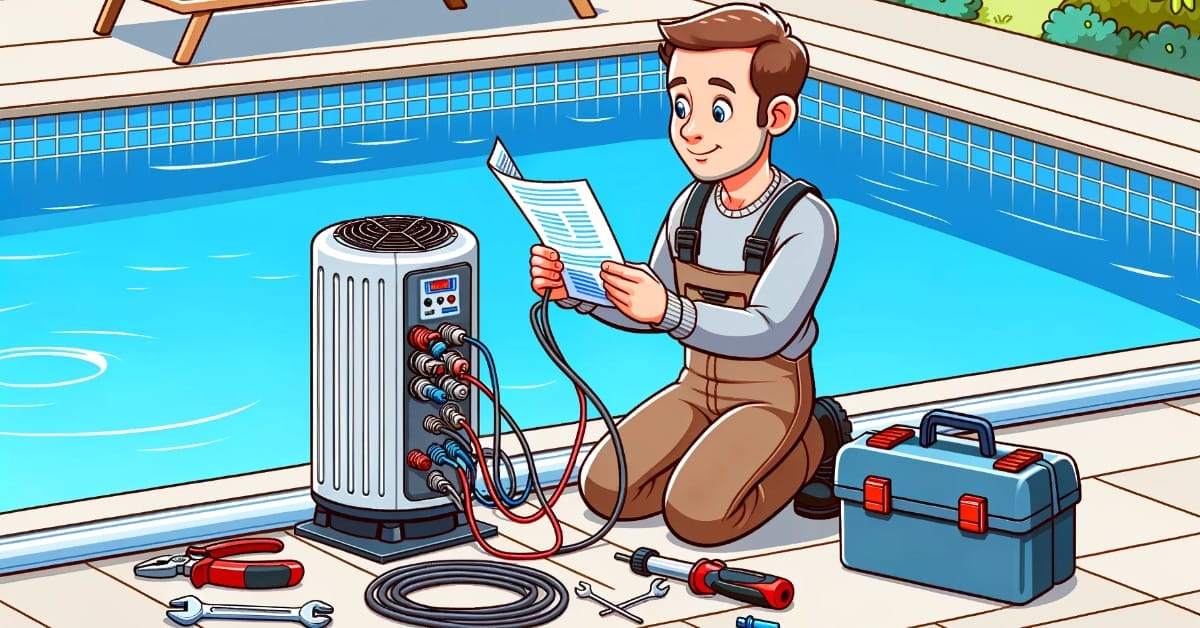 A man proficiently working on wiring an electric pool heater in front of a captivating pool.