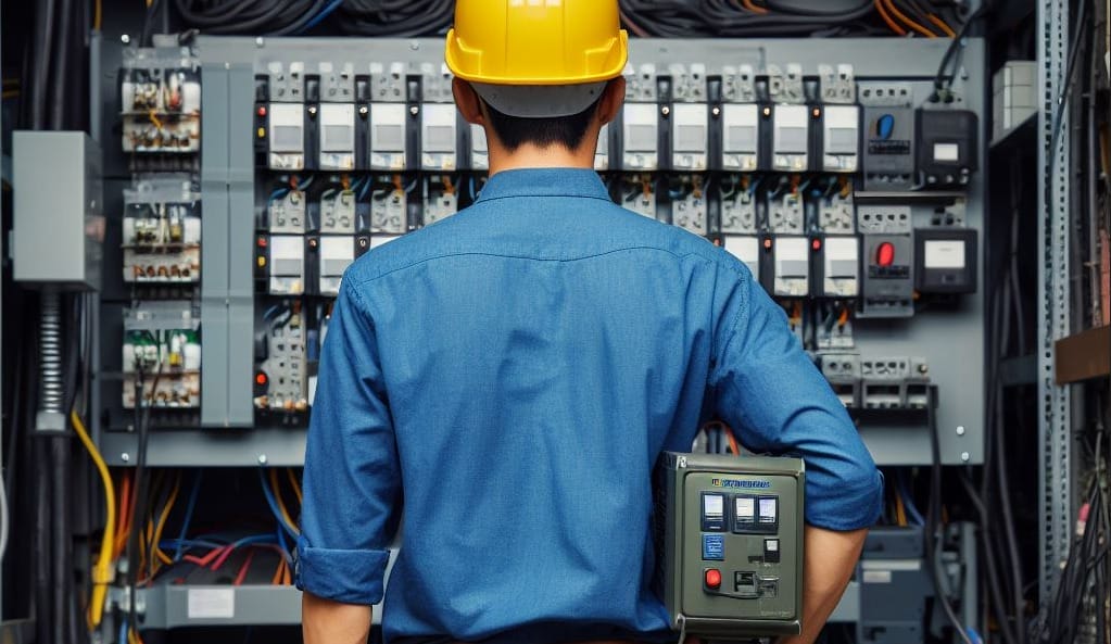 A man in a hard hat is standing in front of an electrical panel, demonstrating how to wire a generator transfer switch.