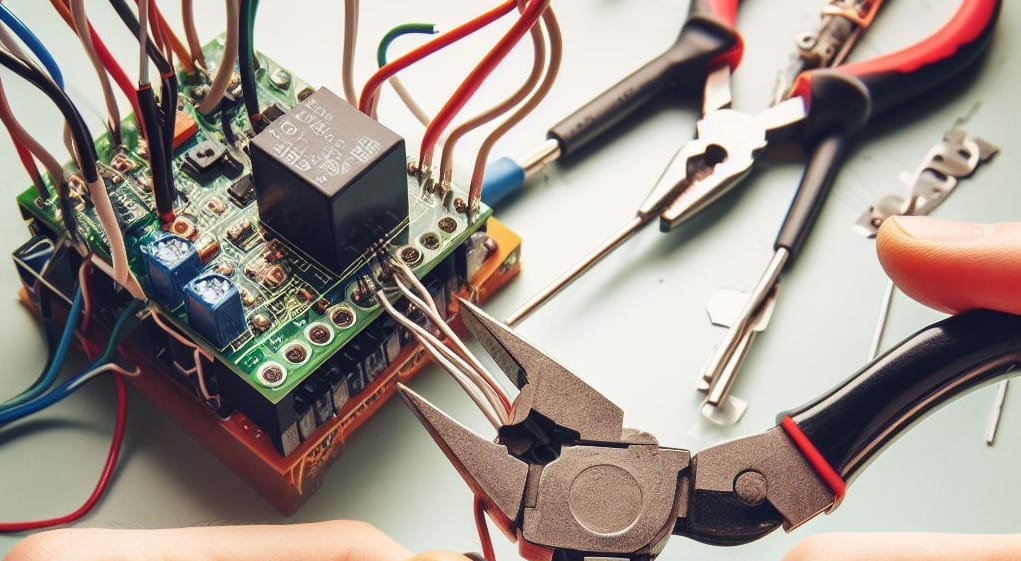 A person is working on a circuit board with pliers while wiring a 12v relay.