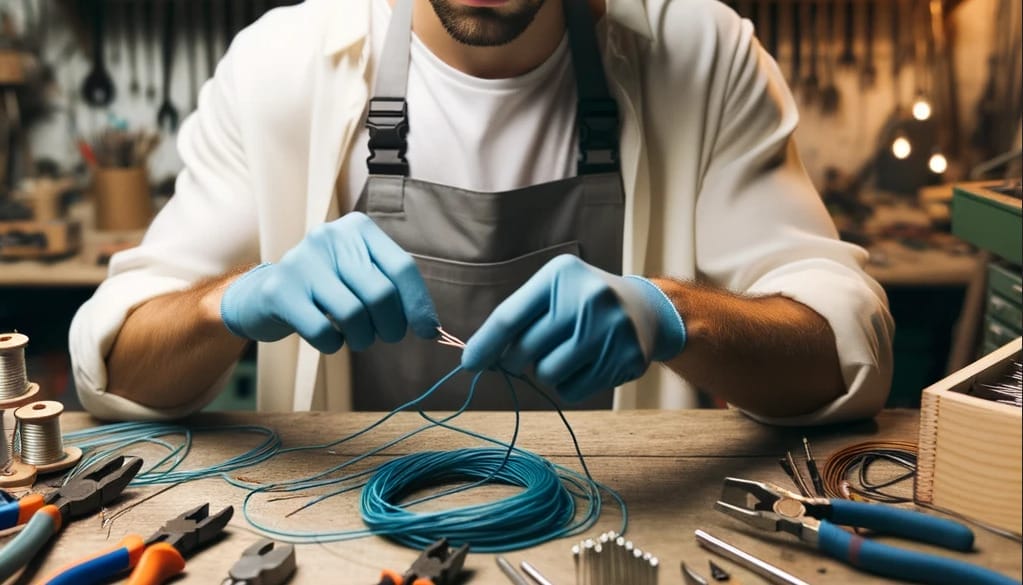 A man is working on wires in a workshop, demonstrating how to twist them together.