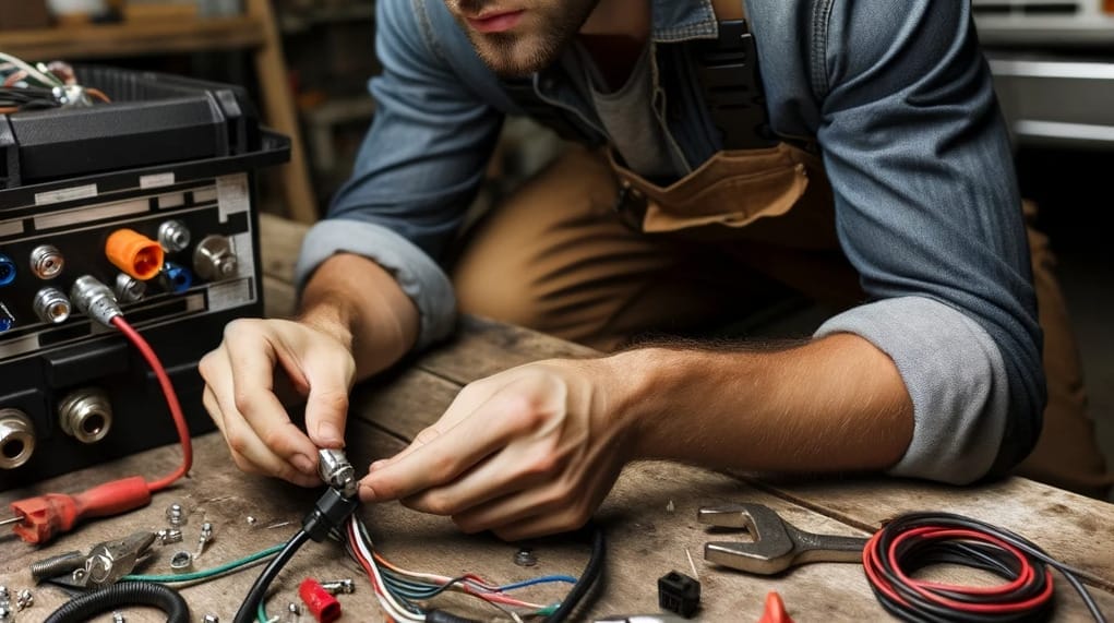 A man is wiring a trailer plug in a workshop.