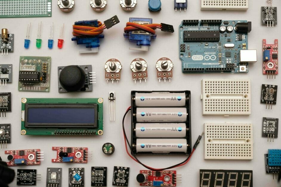 A flat lay shot of all electronic tools used to wire a circuit board including potentiometers