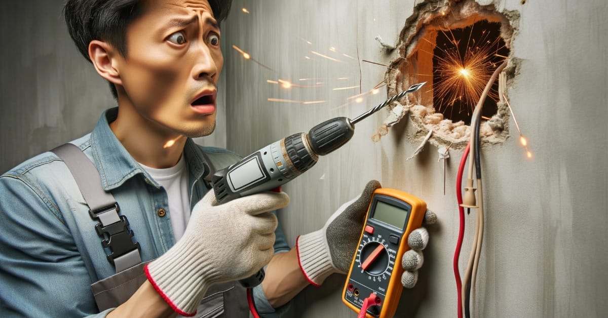 A Chinese electrician diligently working on a wall while sparks occasionally fly.