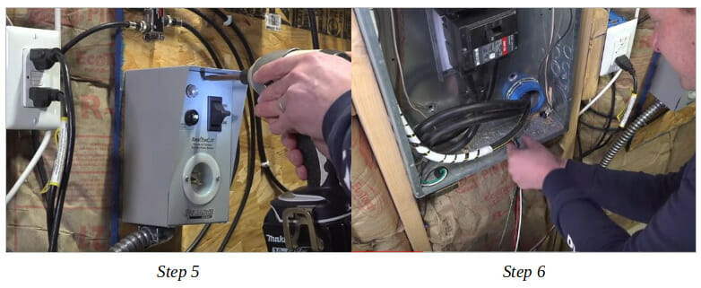 A hand holding a drill demonstrates how to wire a generator transfer switch