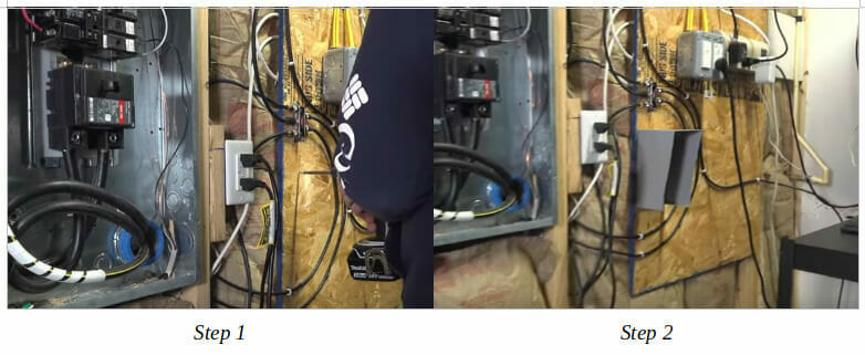 Two instructional pictures on wiring a generator transfer switch