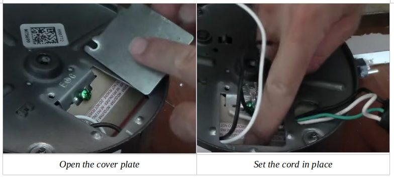 A person opening the cover plate and setting the cord in place on the garbage disposal tool