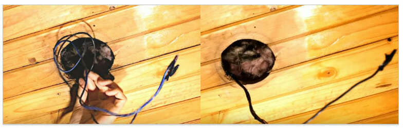 Two pictures of a wooden wall with a hole in it, demonstrating how to wire an LED light