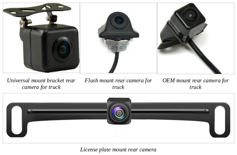 A series of images demonstrating different car reversing cameras and providing guidance on running backup camera wires on a truck