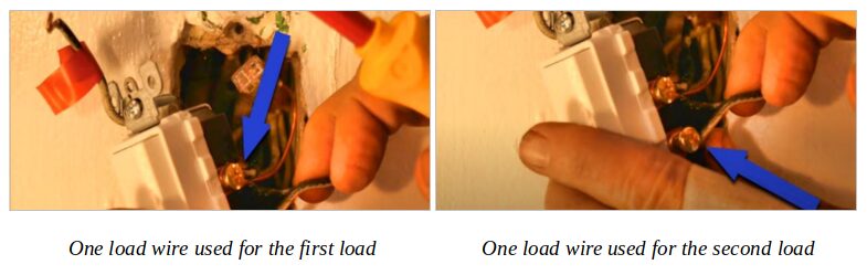 Two image showing a person using a load wire for the first and second loads