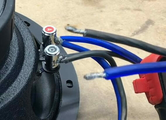 A red, blue, and black wires connected to a NVX DVC subwoofer
