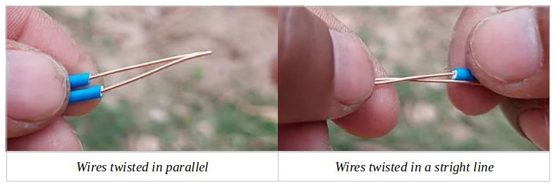 A person demonstrating how to twist wires in parallel and in a straight line