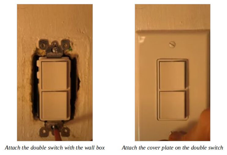 Two images of an undone and done double switch on the wall