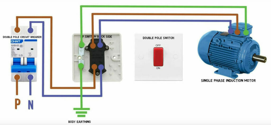 A diagram for wiring a double-pole switch to a single-phase induction motor