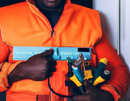 A man in orange safety suit holding electrical tools in both hands