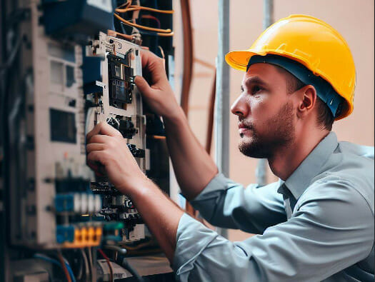 An electrician wearing safety helmet while checking the circuit panel