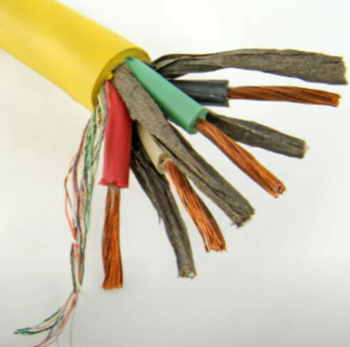 A yellow cable with colorful wire ends