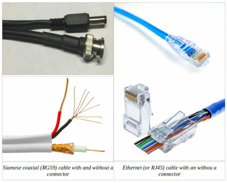 RG59 and RJ45 wires with and without connectors