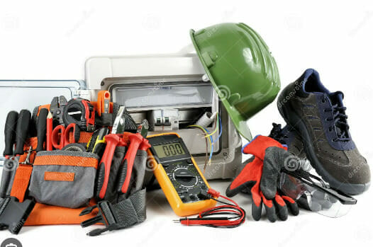 A set of tools and equipment for a construction and electrical worker